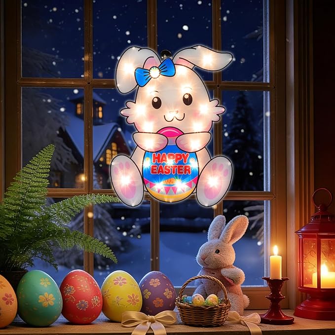 17" 20LED Lighted Bunny Easter Decor, Soft Warm Glow for Window, 120V Plug-in, UL Certified, Pretty Gift Box Packed