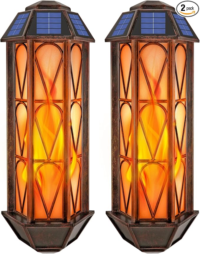 Solar Flame Wall Sconce Lights Outdoor, 74 LED Flickering Flame Sconces, Solar Powered Auto On/Off, Waterproof Wall Lanterns for House Garage Doorway Garden Porch Patio Yard Decoration (2 Pack)