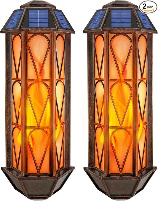 Solar Flame Wall Sconce Lights Outdoor, 74 LED Flickering Flame Sconces, Solar Powered Auto On/Off, Waterproof Wall Lanterns for House Garage Doorway Garden Porch Patio Yard Decoration (2 Pack)