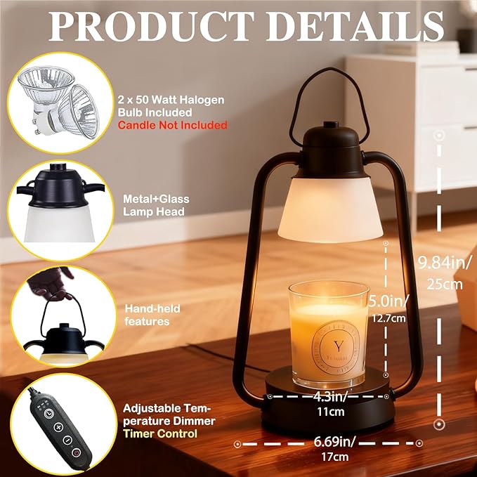 Candle Warmer Lamp with Timer Dimmable, Birthday Christmas Gift for Mom Sister Girlfriend, Vintage Decor Lamp for Housewarming Gift, Electric Wax Melt Warmer for Jar Candle with 2 Bulbs, Black