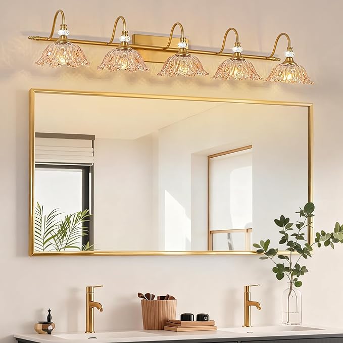 Vintage Bathroom Vanity Light, 5-Light Matte Brass Finish Vanity Light with Floral Amber Glass Shades, Retro Wall Mount Lighting for Bathroom, Living Room