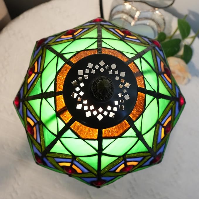 8 Inch Tiffany Style Stained Glass Table Lamp, Peacock Feather Pattern Retro Style Design, Suitable for Bedroom Bedside Lamp Office Study and Other Home Art Decoration (Green)