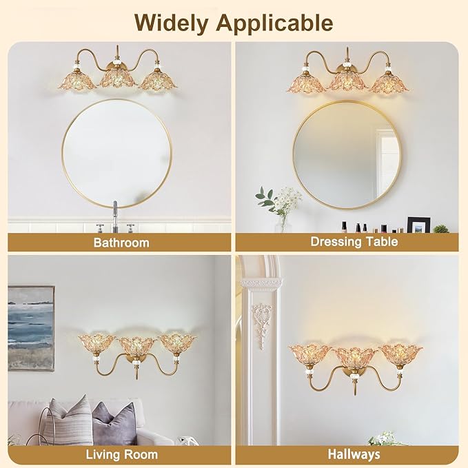 Vintage Bathroom Vanity Light, 3-Light Matte Deep Brass Finish Vanity Light with Flower-Shaped Amber Glass Shades, Retro Wall Sconce for Bathroom