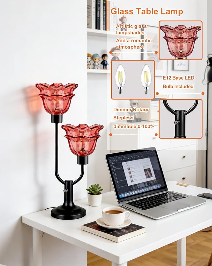 Lightdot Mid Century Modern Flower Table Lamp Black Dimmable U-Shaped Deep Red Glass Desk Lamps with 2Pcs 3000K Warmwhite Bulbs Included Bedside Nightstand Lamp for Living Room Bedroom