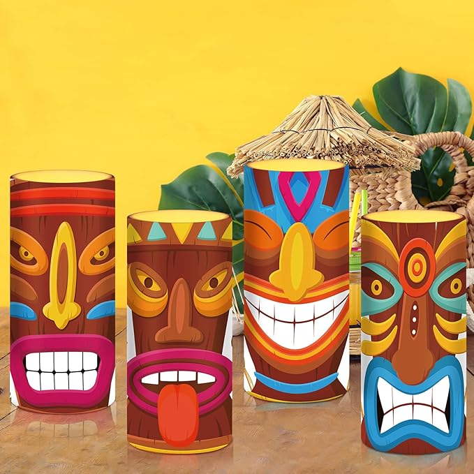 Tiamon Tribal Tiki Flameless Candles Led Hawaiian Battery Operated Luau Flickering Candles with 18-Key Remote Timer Pillar for Summer Holiday Tiki Bar Party Table Decorations