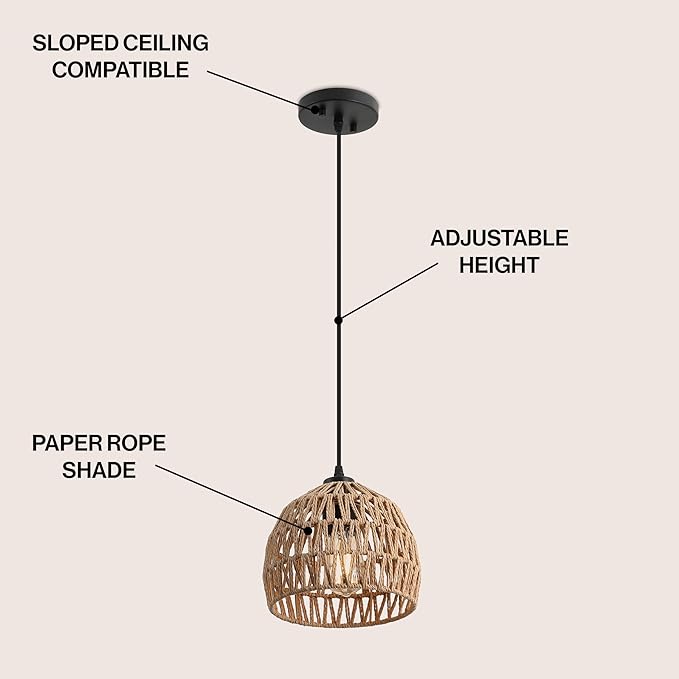 JONATHAN Y 8.25" Brown Modern Bohemian Woven Rope LED Pendant Light Fixture, Adjustable Dome Ceiling Lamp for Kitchen Island, Rope Shade, Coastal Farmhouse Decor (JYL6512E)