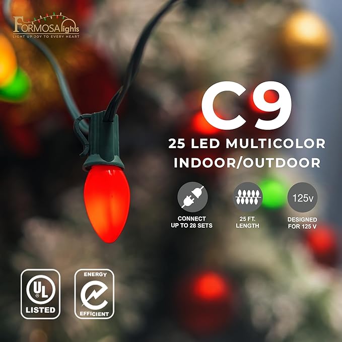 C9 26ft Indoor/Outdoor Opaque Multi-Color LED Christmas String Lights with 25 Bulbs and E17 Base | 120V, 0.6W