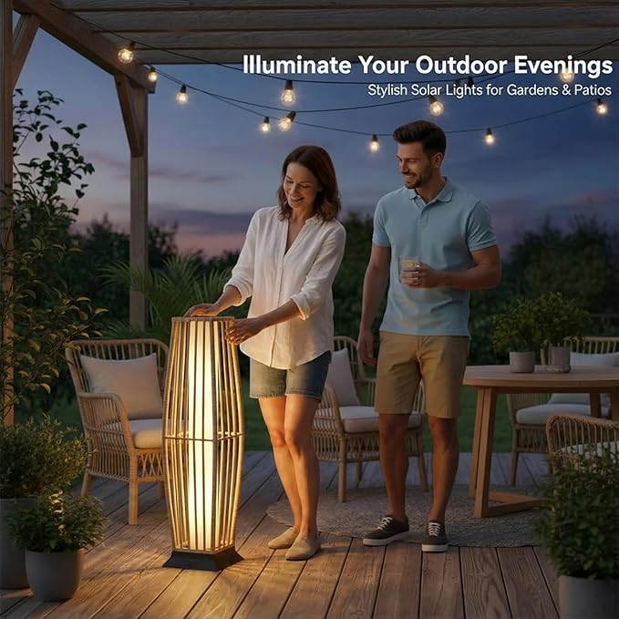 Rattan Outdoor Floor Lamp Set of 2, Boho Solar Porch Lights Outdoor Waterproof for Patio, Garden, Balcony & Deck, Natural (Vertical)