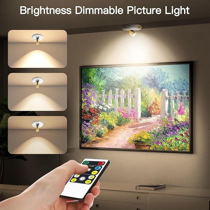 Led Spotlight Battery Powered,Wireless Picture Lighting for Painting Art Display on Wall with Remote, Indoor Uplight for Tree Plants, Dimmable Puck Accent Light for Painting Frame Portrait Gallery