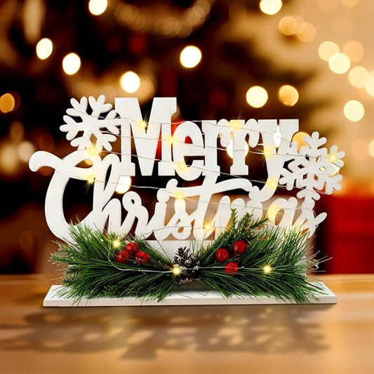 Leinuosen Merry Christmas Sign Wooden Christmas Table Sign with Holly and LED Light White Xmas Wooden Table Centerpiece for Mantel Fireplace Shelf Xmas Party Home Tabletop Decoration