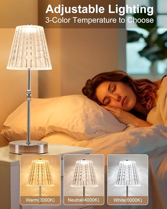 Cordless Table Lamp, 5000mAh Rechargeable Battery Operated Portable Lamp, Dimmable+3 Colors LED Touch Control, Modern Crystal Lamp for Bedroom, Kitchen, Bar, Office