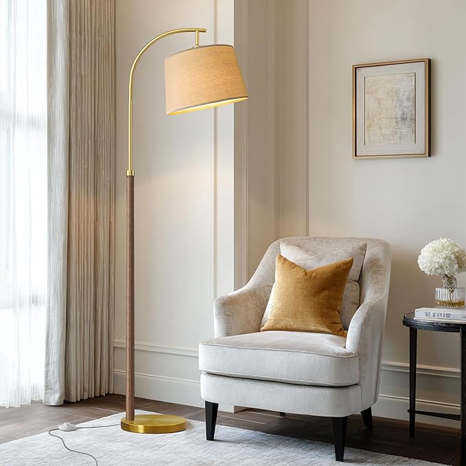 63" Wood Floor Lamps for Living Room with Foot Switch Arc Tall Standing Lamp for Bedroom Mid Century Modern Corner Gold Floor Lamps for Office Nursery Industrial Reading Lamp, Chestnut
