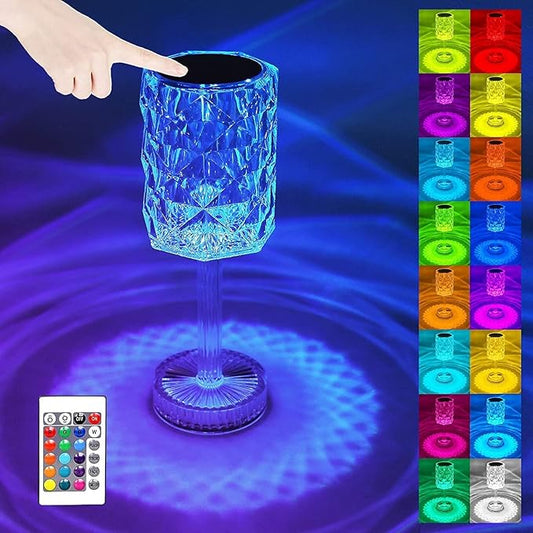 Rose Crystal Table Lamp, 16 Color Changing, Touch & Remote Control, USB Rechargeable, Modern Style
