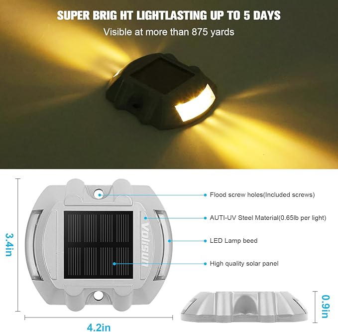 VOLISUN Solar Deck Lights Driveway Dock Lights, 8-Pack Led IP68 Waterproof Outdoor Warning Step Lights for Driveway Sidewalk Garden Pathway Yard(Warm White, Auto On/Off