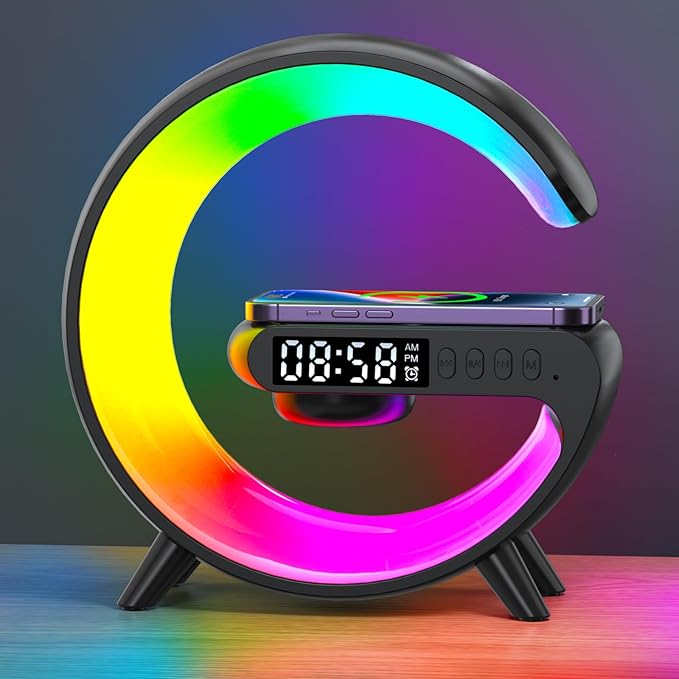 2025 New Mini LED Table Lamp, Wireless Charging Atmosphere Lamp, Bluetooth Speaker, Dimmable Night Light, Bedside Lamp, Alarm Clock for Christmas Gifts (Black)