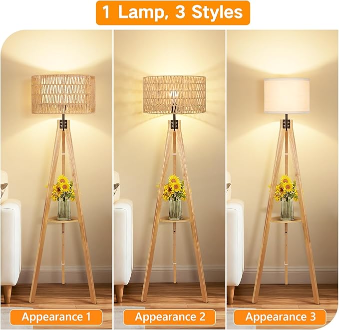 OUTON Boho Rattan Tripod Floor Lamp with Shelves, Remote Control, Dimmable Mid Century Modern Standing Lamp 58.5" for Bedroom, Living Room & Office, Lamp Shade Includes E26 9W Bulb, Wood