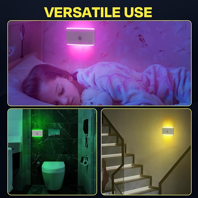 3-Pack Motion Sensor Night Light – Cruise Ship Approved, Magnetic & Rechargeable with USB-C, RGB Color-Changing Modes, LED Auto Nightlight for Cabin, Bathroom, Hallway, Bed or Stairs