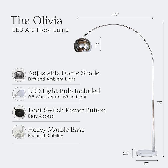 Brightech Olivia Floor Lamp - Chic Arc Lamp with Rounded Spolight Head and Marble Base for Living Room, Tall Standing Lamp with LED Light Bulb for Bedroom Reading, Boho Home Decor for Office - Chrome