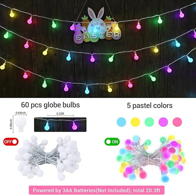 LYHOPE Easter Pastel Light, 19.3ft 60 LED Globe Decoration Lights, Battery Powered Pastel String Lights for Easter, Party, Fireplace, Mantels, Entrance, Tree, Home Decor, Clear Wire, Indoor Decor