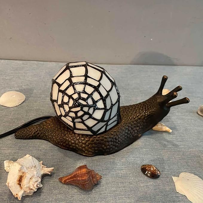 Bieye L10988 Land Snail Tiffany Style Stained Glass Accent Table Lamp for Home Decoration (White, 10" D x 5" W x 5" H)