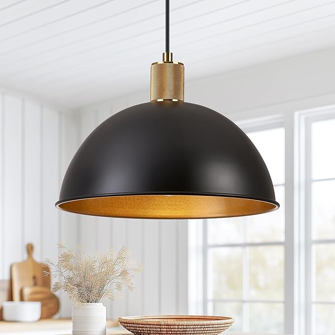 12 Inch Black Dome Pendant Lights 2 Pack for Kitchen Island, Height Adjustable Farmhouse Industrial Hanging Light Fixtures Over Table for Dining Room, Entryway