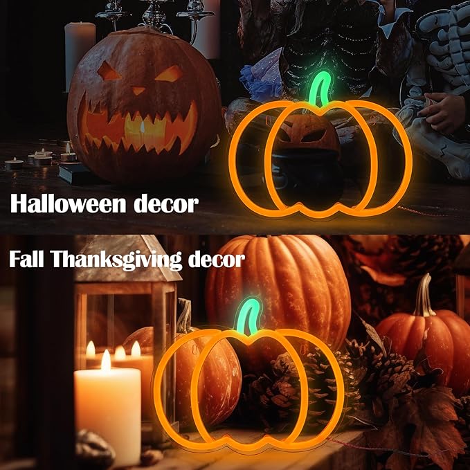 MissAudrey 2Pcs Halloween Orange Pumpkin Neon Sign Lights, Neon Sign Hanging for Wall Decor, Cute Vintage Fall Thanksgiving Decor for Table Kitchen Bedroom Living Room Bar Pub Club Party, Indoor Battery Operated or USB