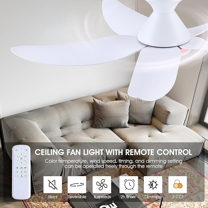 Ceiling Fans with Lights Remote/APP Control, 38" Low Profile Ceiling Fans with Dimmable White Colors+Ring RGB Lights, 6 Speeds 5 Reversible Blades for Kids Room Bedroom Living Room, White