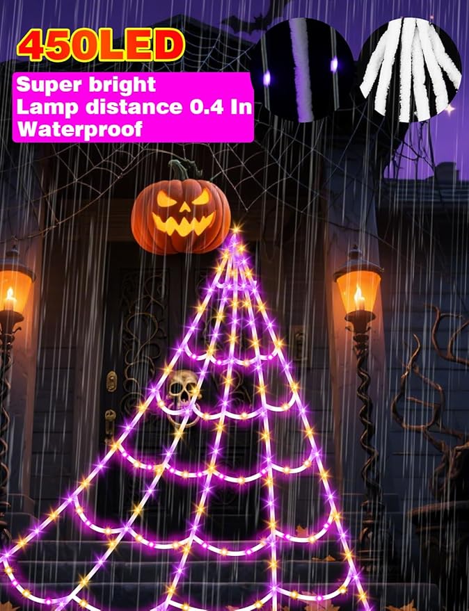 Spider Webs Halloween Decor Lights - 450 LEDs Outdoor Halloween String Lights with 60" Light Up Spider,8 Modes Remote Control 16.4Ft Spiderweb,Waterproof (New Orange-Purple Grid Luminous Net)