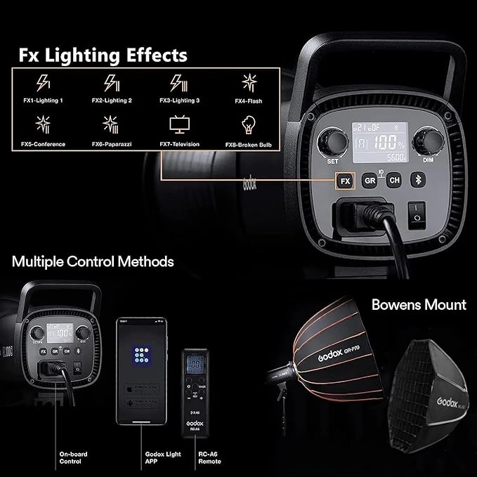 Godox SL60IID 70W LED Video Light, 18600Lux@1M 5600K COB LED Continuous Light, Bluetooth App&2.4G Wireless Remote Control 8 Built-in Fx Effects, TLCI/CRI 97+/96+Bowens Mount Studio Light