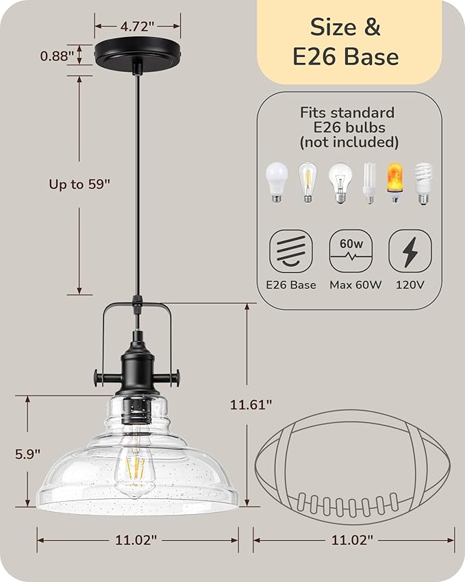 EDISHINE Farmhouse Pendant Lights Kitchen Island, Clear Seeded Glass Shade Hanging Light with Matte Black Finish, Modern Pendant Light Fixtures with Open Shade, Over Island Bar,E26 Base