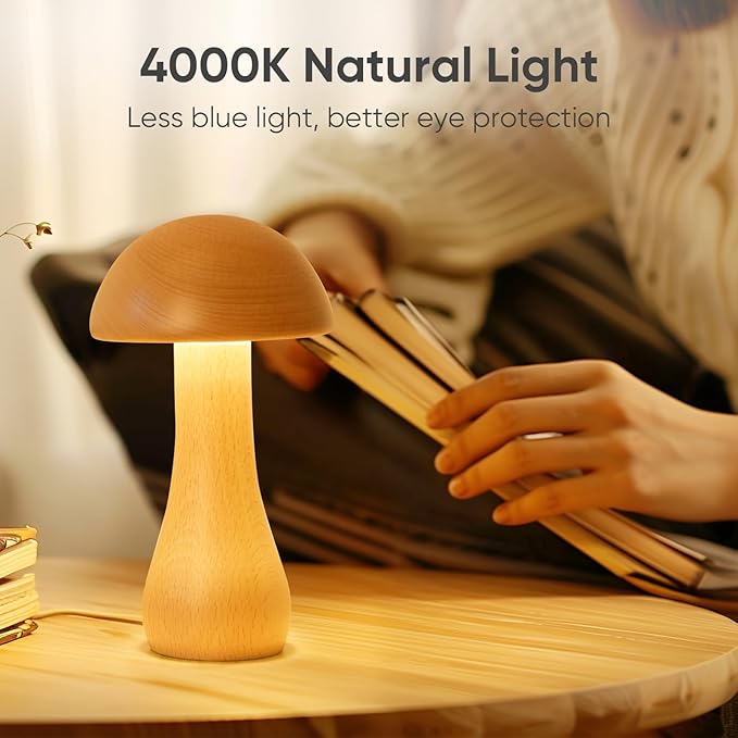 Wooden Mushroom Lamp, Portable Cordless Touch Switch Rechargeable Battery Operated Lamp,Stepless Dimming, 360 Degree Rotation Angle Adjustable，Night Light for Birthday Gifts