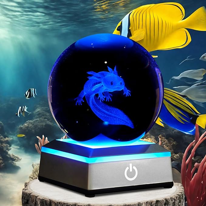 3D Axolotl Crystal Ball Night Light 3.15 inch Glass Ball Table Lamp with Color Changing Touch Base Axolotl Decor Ideal Gifts for Friends Kids Christmas Birthday
