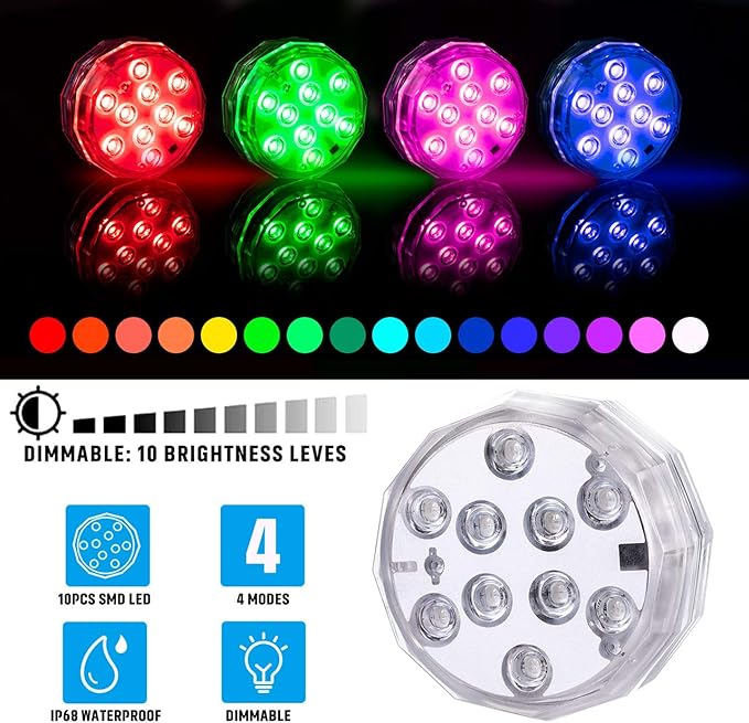 Submersible Led Pool Lights - Waterproof Underwater Pond Light Remote Battery Powered Remote Controlled Color Changing Shower Lights for Pool Vase Spa Party Hot Tub 4 Pack