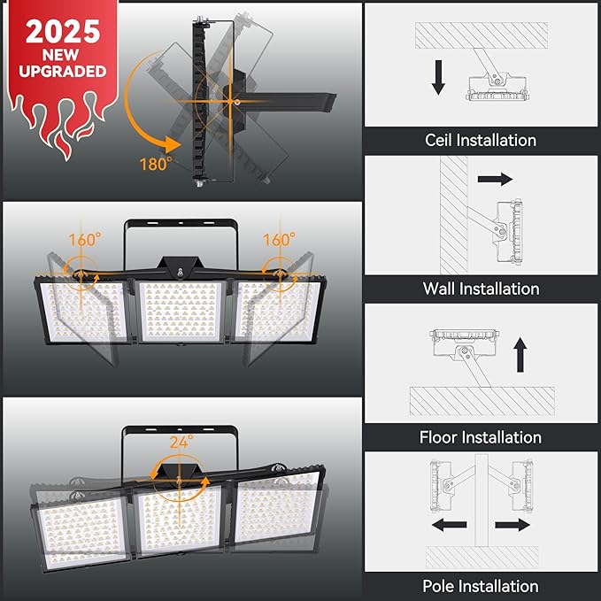 750W 2025 Plus New Upgraded LED Outdoor Flood Light, 75000LM 6000K Daylight White IP66 Waterproof, Stadium Lights, 3 Heads Adjustable Outdoor Floodlight Security Lights for Yards, Patios, Street