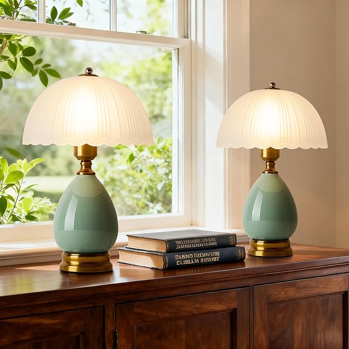 Ceramic Table lamp Set of 2, Modern Bedside Lamps Green Mid Century Vintage Desk Lamp Retro Glass Mushroom Traditional Lamp for Nightstand Living Room Bedroom Home Decor (S04GN-2PACK)