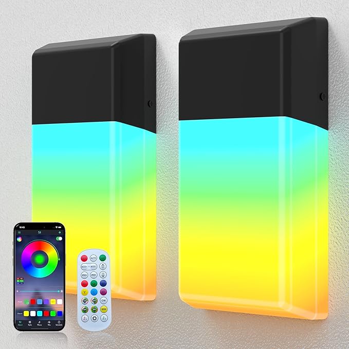 Outdoor Wall Lights, 1500LM RGBCW Smart LED Porch Lamp Sconces, IP65 Waterproof Exterior Lighting Fixtures, Modern Decor for Garage, House, Patio, Garden, Yard, Party