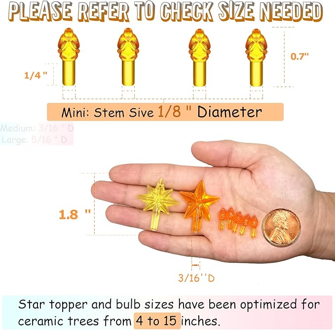 Golden Yellow Replacement Lights Bulbs for Ceramic Christmas Tree, Mini Flame Light Ornaments for Ceramic Tree, Small Twist Pegs Accessories for Crafts, 2 Stars Treetopper＆177 Bulbs Set