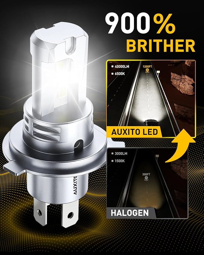 AUXITO H4 Light Bulbs 9003 HB2 Hi/Low Beam, 40,000LM 900% Super Brighter, 6500K Cool White, Fanless & Silent Plug and Play,Pack of 2