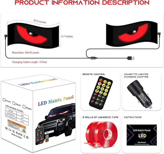 2 Pack Devil's Eye 23.4"x4.7" Led Eyes Animated for Car Windshield, Trylightride Programmable Scrolling Sign for Cars/SUVs/Trucks, Ojos Led Para Carro, USB Powered LED Matrix Panel, Remote/App Control