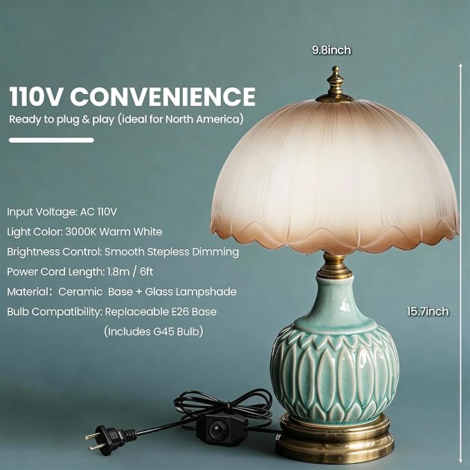 Mid-Century Modern Table Lamp, Green Bamboo Ceramic Base with Scalloped Gradient Glass Shade, 3-Color Dimmable LED Bedside Lamp for Bedroom & Living Room, Aesthetic Home Decor, Bulb Included