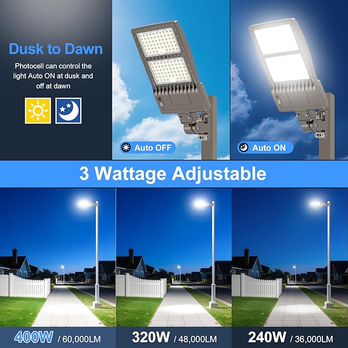 KUKUPPO 2Pack 400W LED Parking Lot Light Power Adjustable, Dusk to Dawn 60,000LM LED Shoebox Flood Pole Light Outdoor Parking Lighting Arm Mount 5000K IP65 Waterproof 100-277V DLC UL Listed