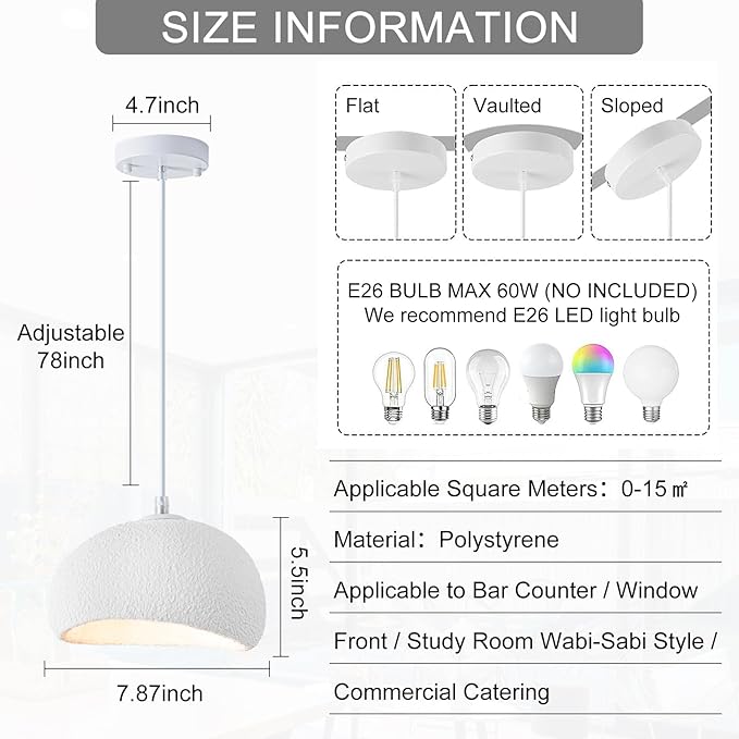 15.7 inch Wabi Sabi Pendant Light Modern Japanese Ceiling Fixture for Dining Room Kitchen Island Hallway, White E26 Base Hanging Lamp (40cm/15.7in)