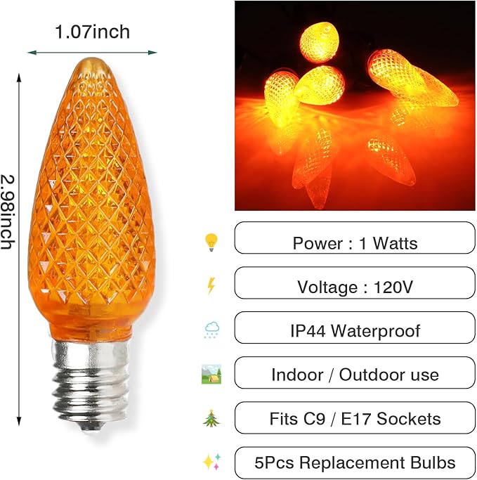 5PCS C9 LED Christmas Light Bulbs - C9 led Bulbs with E17 Base Sockets Replacement Bulbs for Outdoor String Lights - Commercial Grade Orange