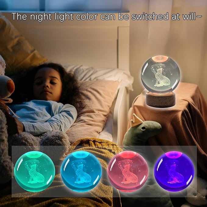 3D Cat Crystal Ball 3.15" with LED Lamp Colorful Wooden Base Night Light with Removable Glow Ball Color Changing Light with Remote as a Crystal Light for Boy Friends (6-Cat, 3.15" (Inch))