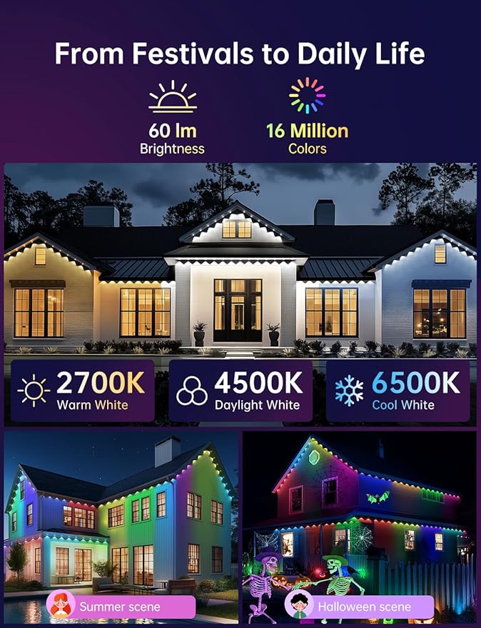 Permanent Outdoor Lights Pro 100FT with 50 Smart IC+RGBCW Christmas Halloween House Lights with Warm/Cool/Nature White LEDs, IP67 Waterproof for Holiday Daily Decor Accent Lighting