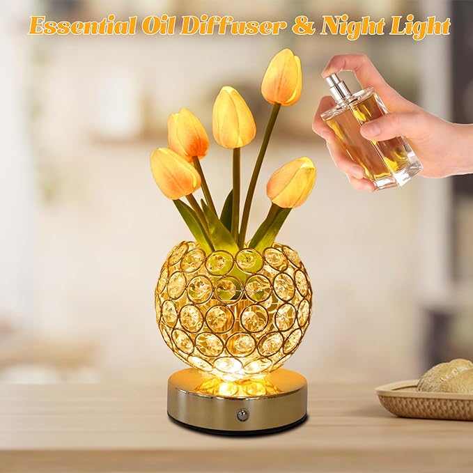 Tulip Crystal Flower Lamp Touch Lamp,Rechargeable Cordless Table Lamp, 3-Colour Infinitely Dimming Battery Powered Small Night Light,Gift for Mom for Valentine Day,Mothers Day,Xmas,Birthday (Pink)