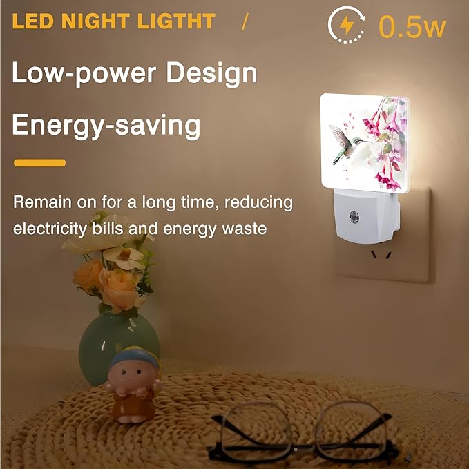 Night Light Hummingbird with Pink Flowers Night Lights Plug into Wall Smart Dusk to Dawn Sensor 0.5W Energy Efficient Led Lamp for Men Women Bedroom Bathroom Hallway Stairway Decor