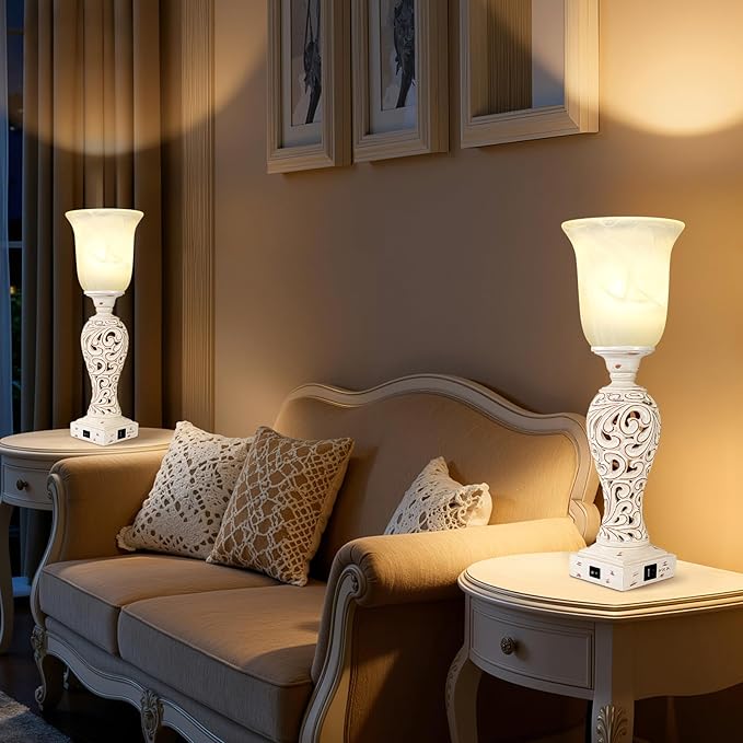 Bedside Table Lamps for Bedroom Set of 2, 3-Way Dimmable Nightstand Lamps with 2 USB Charging Ports, 20" Vintage Desk Lamps with White Alabaster Glass Shade for Living Room Entryway, LED Bulb Included