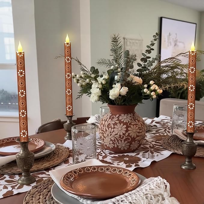 Honoson 6 Pcs Mexican Flameless Taper Candles 10.6 Inch Platos De Barro Mexicanos Candles Battery Operated LED Candlesticks for Mexican Home Decor Talavera Cielito Lindo Cinco De Mayo Party Gifts