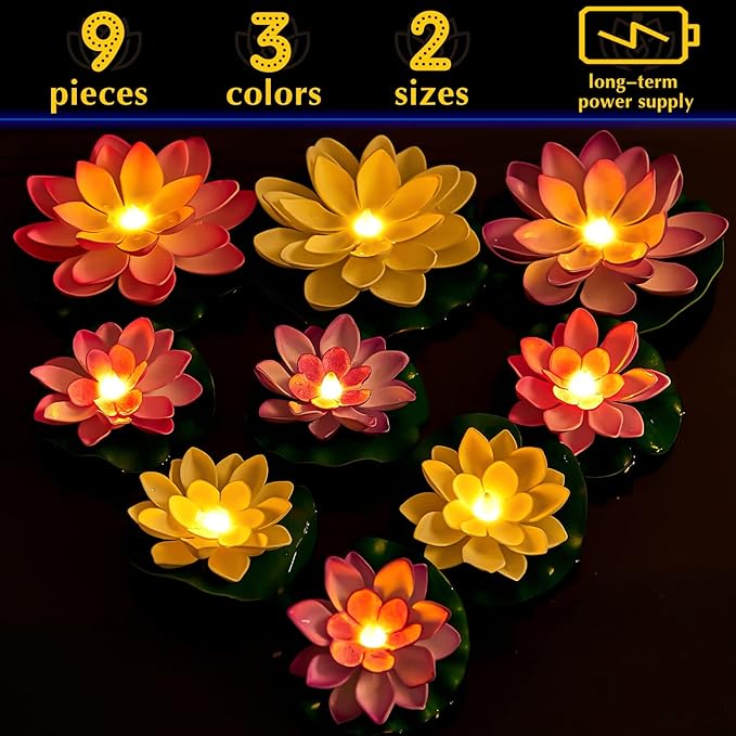 Hortsun 9 Pcs Floating Lotus Lights with Batteries Lily Pads Pool Flowers Floating Candles Decor Artificial Pond Plants Decorations for Pool Pond Outdoor Indoor (Pink,White,Purple,3.94/5.91 Inch)